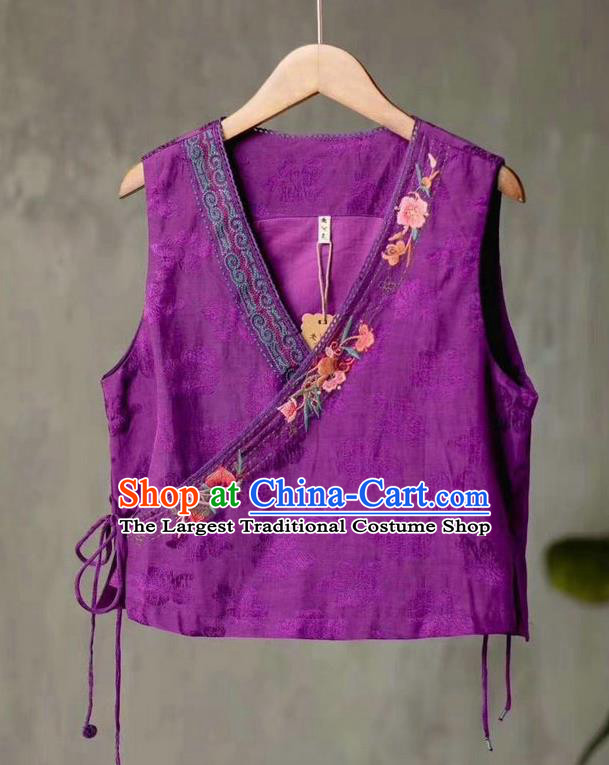 China Tang Suit Purple Flax Vest Traditional Clothing National Women Embroidered Waistcoat