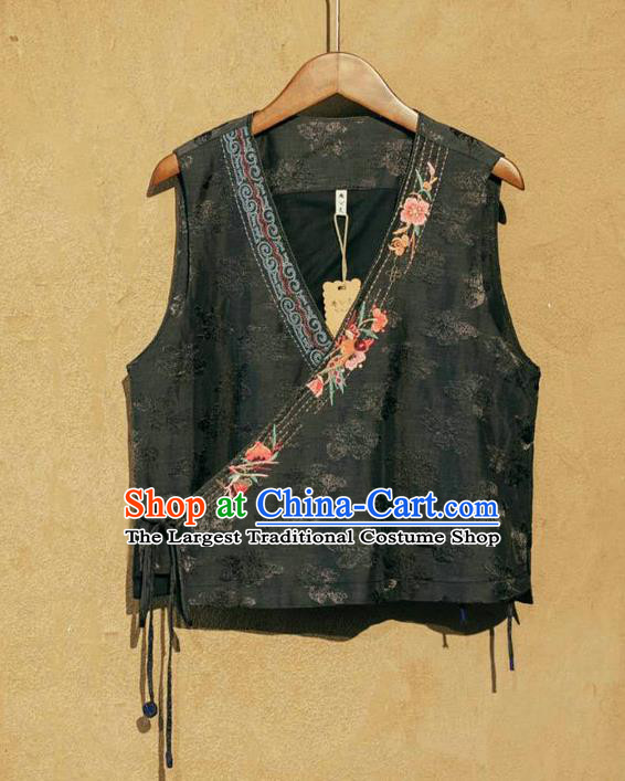 China National Black Flax Vest Women Embroidered Waistcoat Traditional Tang Suit Clothing