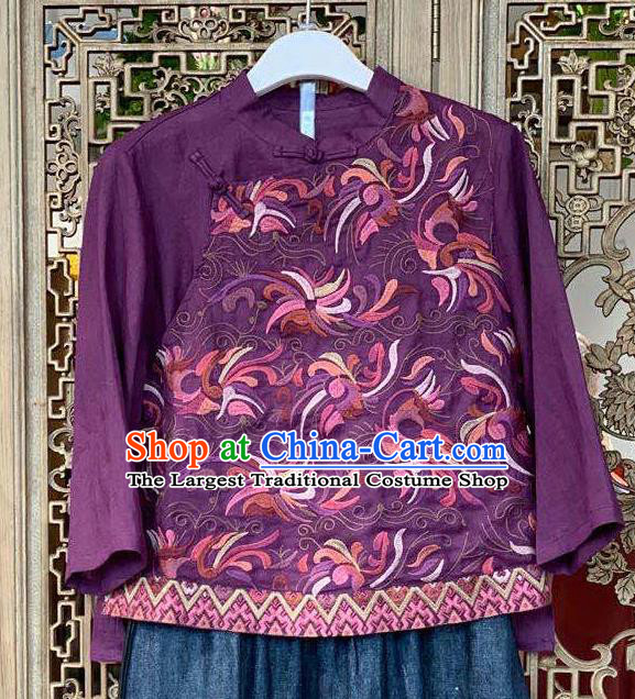 China National Embroidered Purple Shirt Tang Suit Costume Traditional Women Flax Blouse