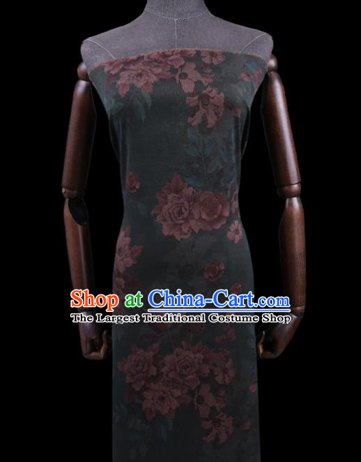 Asian Traditional Cheongsam Cloth Watered Gauze Fabric Chinese Classical Peony Pattern Green Silk Drapery