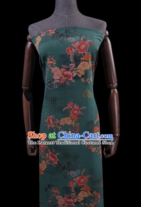 Chinese Classical Flowers Pattern Green Watered Gauze Fabric Traditional Gambiered Guangdong Silk Asian Cheongsam Cloth Drapery