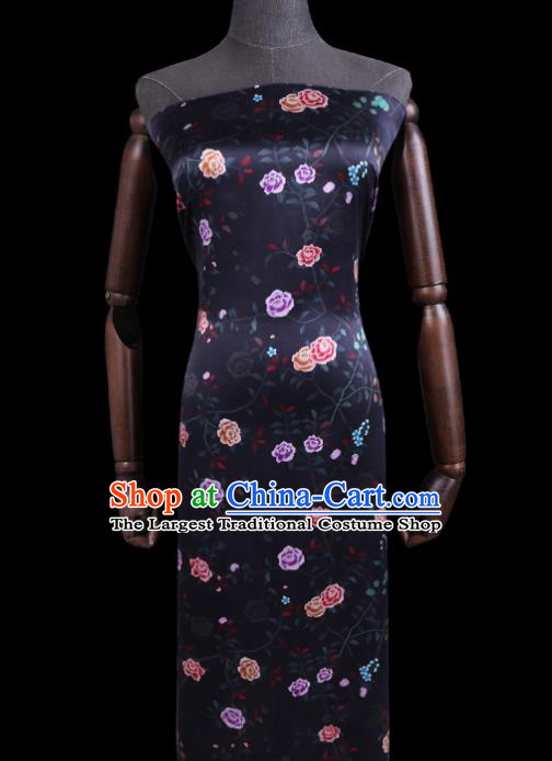 Chinese Traditional Gambiered Guangdong Silk Asian Cheongsam Cloth Satin Drapery Classical Rose Pattern Black Watered Gauze Fabric