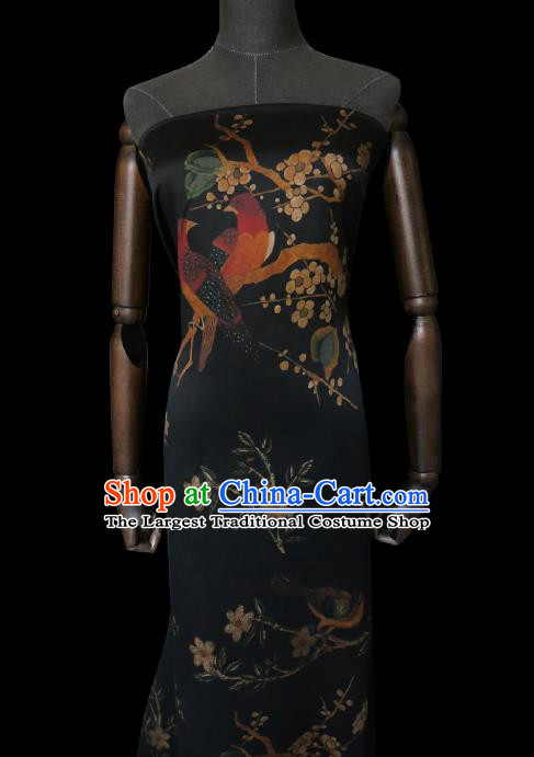 Chinese Classical Plum Birds Pattern Gambiered Guangdong Silk Traditional Cheongsam Fabric Black Watered Gauze