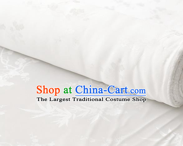 Chinese Traditional Classical Plum Orchid Bamboo Pattern Satin Fabric White Silk Drapery Cheongsam Cloth