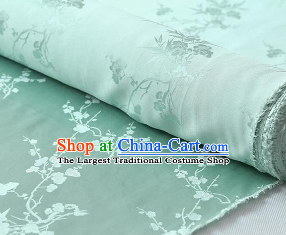 Chinese Light Green Silk Drapery Traditional Classical Plum Orchid Bamboo Pattern Satin Fabric Cheongsam Cloth