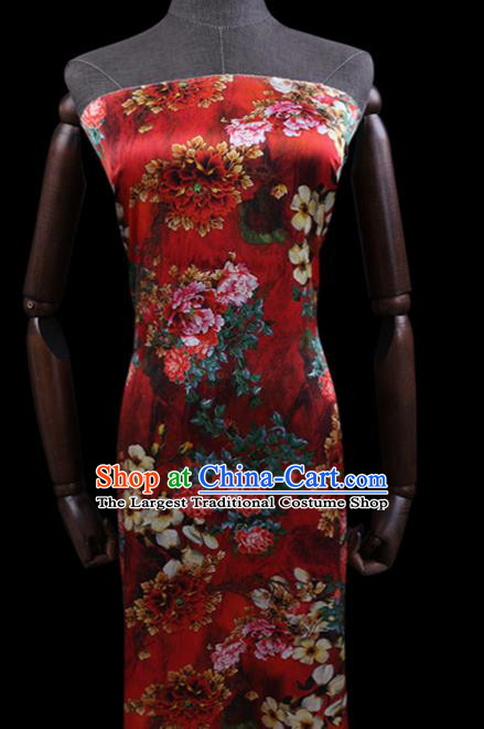 Chinese Red Silk Drapery Classical Peony Pattern Satin Fabric Traditional Cheongsam Cloth