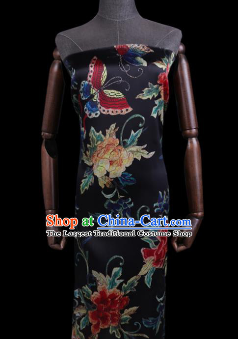 Chinese Classical Butterfly Peony Pattern Black Watered Gauze Traditional Cheongsam Gambiered Guangdong Silk Satin Fabric