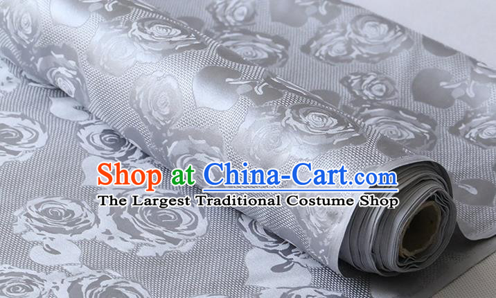 Chinese Grey Silk Drapery Classical Hollowed Rose Pattern Damask Fabric Traditional Cheongsam Jacquard Cloth