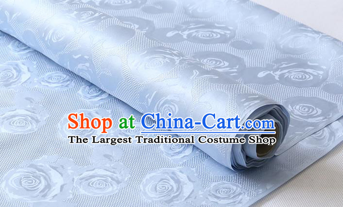 Chinese Classical Hollowed Rose Pattern Damask Traditional Jacquard Cloth Fabric Cheongsam Light Blue Silk Drapery