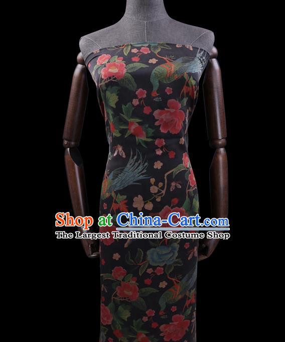 Chinese Black Silk Drapery Traditional Cheongsam Cloth Classical Peacock Peony Pattern Satin Fabric