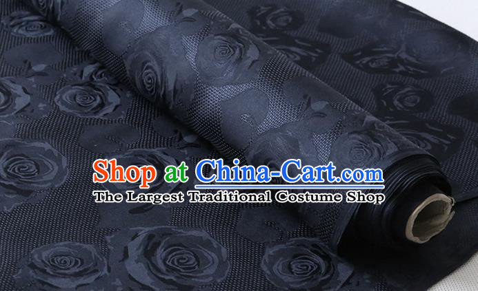 Chinese Classical Hollowed Rose Pattern Damask Cheongsam Silk Drapery Traditional Dark Navy Jacquard Cloth Fabric