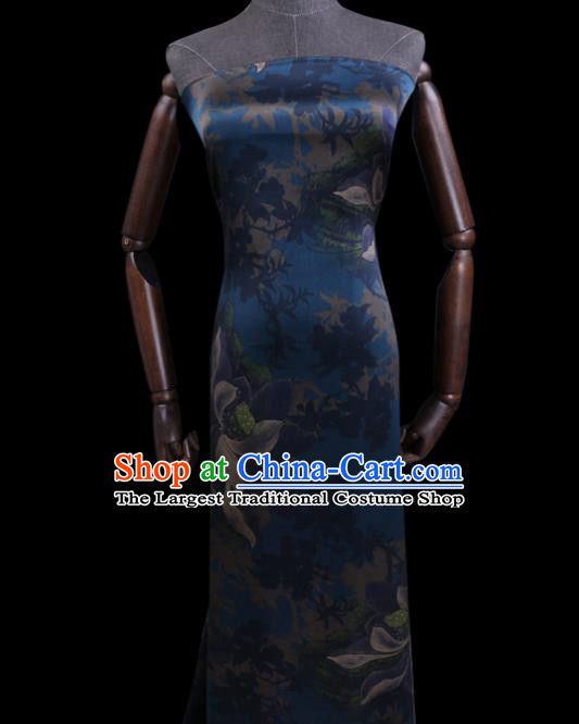 Chinese Traditional Cheongsam Cloth Navy Weave Satin Fabric Classical Lotus Pattern Silk Drapery