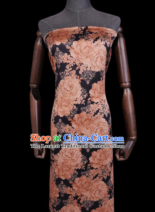 Chinese Gambiered Guangdong Silk Traditional Cheongsam Watered Gauze Classical Peony Pattern Black Satin Fabric