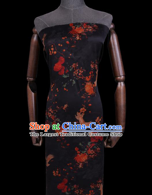 Chinese Traditional Cheongsam Watered Gauze Classical Chrysanthemum Crane Pattern Black Satin Fabric Gambiered Guangdong Silk