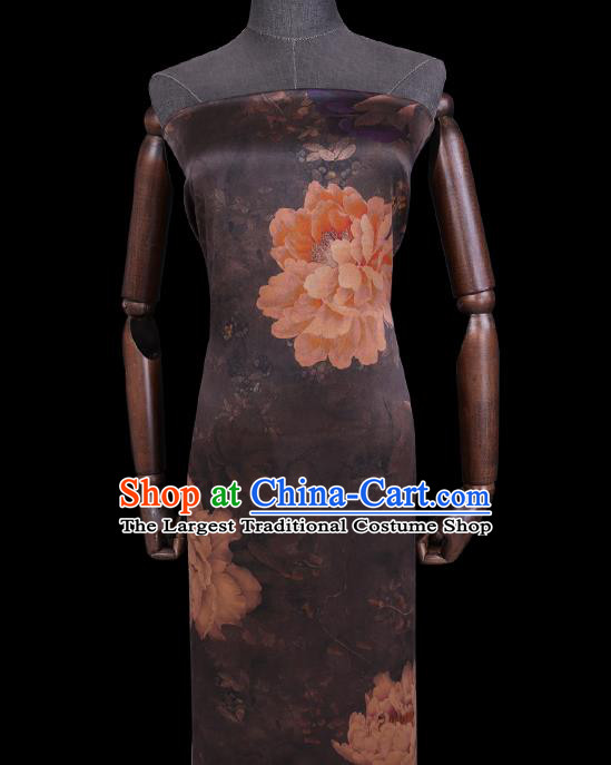 Chinese Traditional Watered Gauze Gambiered Guangdong Silk Cheongsam Cloth Classical Peony Pattern Grey Silk Fabric