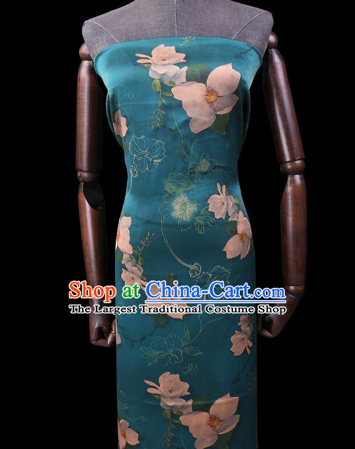 Chinese Classical Flowers Pattern Blue Gambiered Guangdong Silk Traditional Watered Gauze Cheongsam Silk Fabric