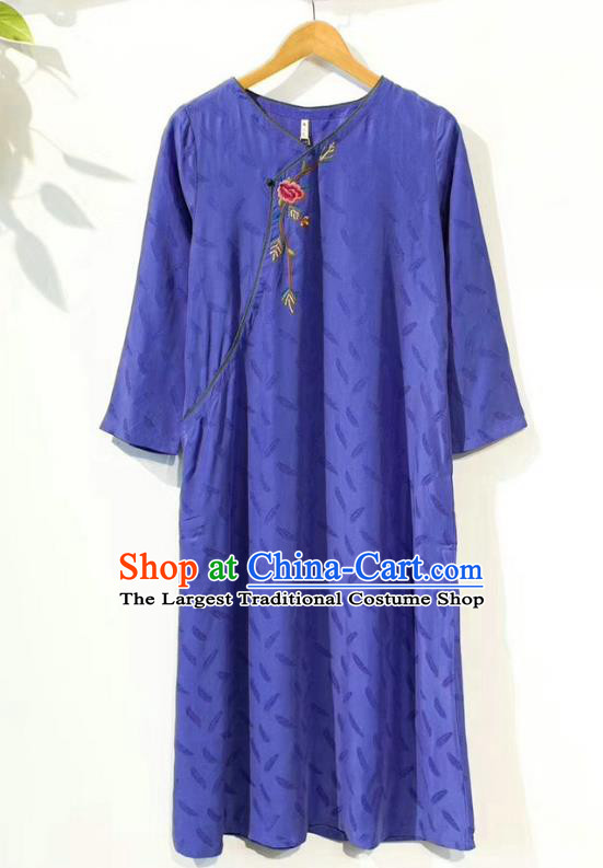 Chinese Women Slant Opening Cheongsam Traditional Embroidered Clothing National Blue Qipao Dress