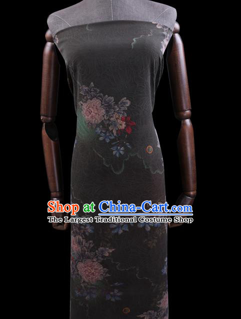 Chinese Traditional Cheongsam Watered Gauze Classical Flowers Pattern Black Gambiered Guangdong Silk Fabric