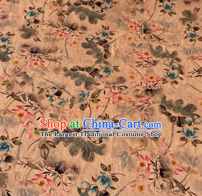 Chinese Classical Ink Lotus Pattern Gambiered Guangdong Gauze Traditional Cheongsam Beige Silk Fabric