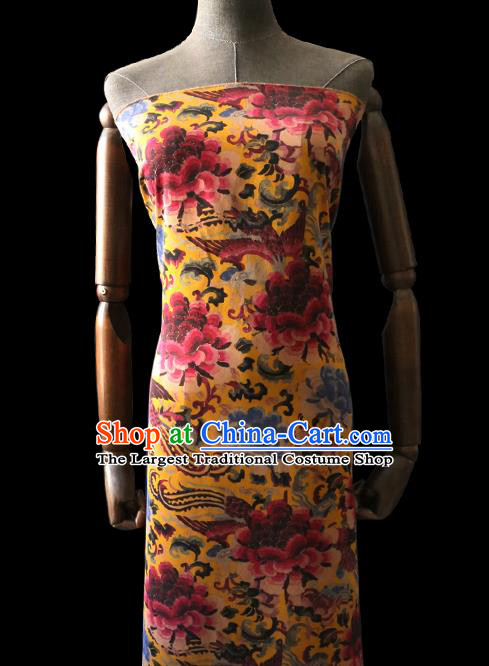 Chinese Classical Phoenix Peony Pattern Gambiered Guangdong Silk Traditional Cheongsam Yellow Satin Fabric Watered Gauze