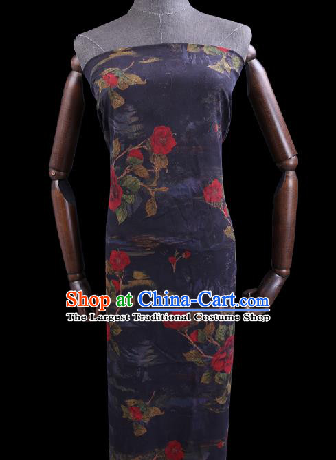 Chinese Classical Roses Pattern Navy Silk Drapery Cheongsam Damask Traditional Gambiered Guangdong Gauze Cloth Fabric