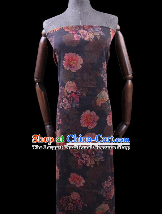 Chinese Cheongsam Damask Traditional Gambiered Guangdong Gauze Cloth Fabric Classical Peony Pattern Brown Silk Drapery