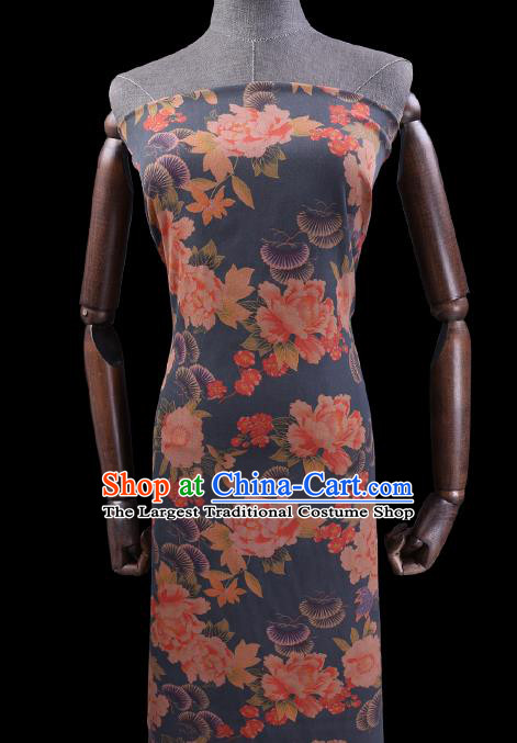 Chinese Classical Peony Pine Pattern Silk Drapery Cheongsam Damask Cloth Fabric Traditional Blue Gambiered Guangdong Gauze