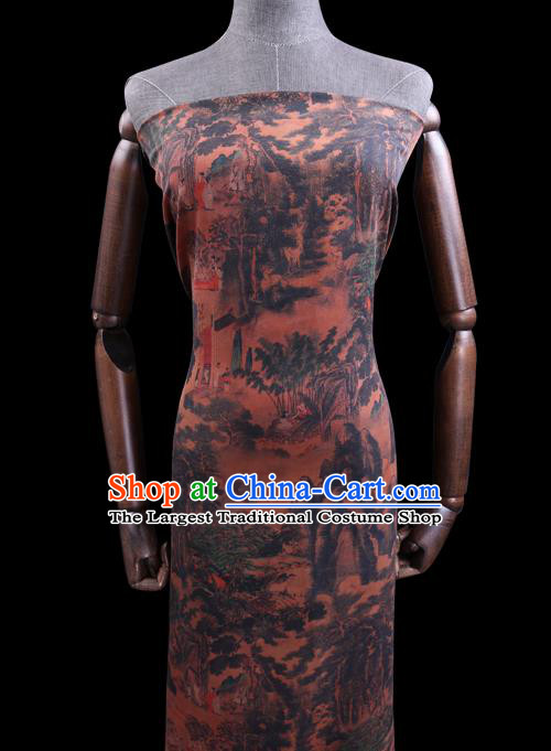 Chinese Traditional Brown Gambiered Guangdong Gauze Cheongsam Fabric Classical Landscape Pattern Silk Drapery