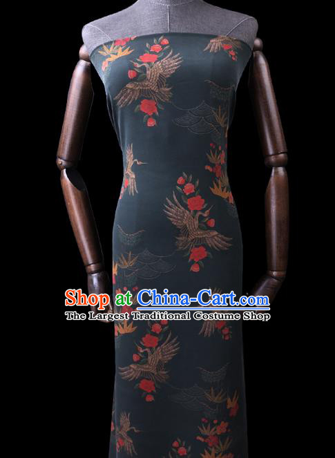 Chinese Classical Crane Plum Pattern Silk Drapery Gambiered Guangdong Gauze Traditional Cheongsam Dark Green Silk Fabric