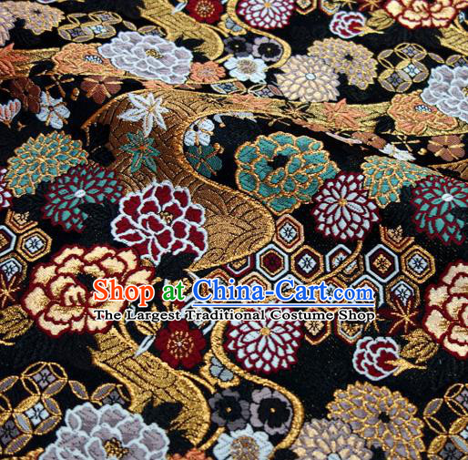 Asian Traditional Peony Chrysanthemum Pattern Design Brocade Japanese Kimono Fabric Nishijin Black Tapestry Satin