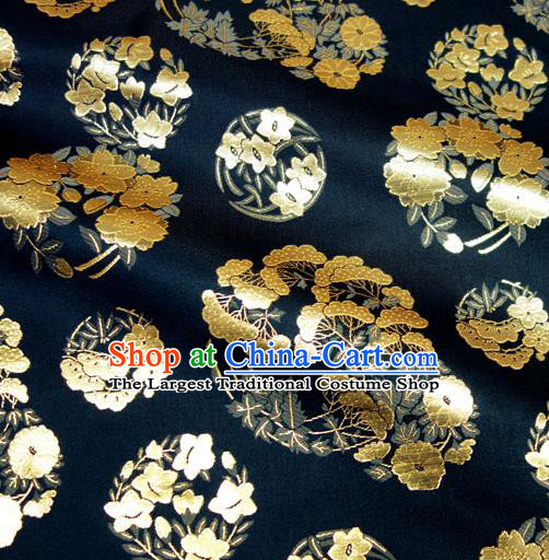 Asian Traditional Sakura Pine Pattern Design Brocade Japanese Kimono Fabric Nishijin Navy Tapestry Satin