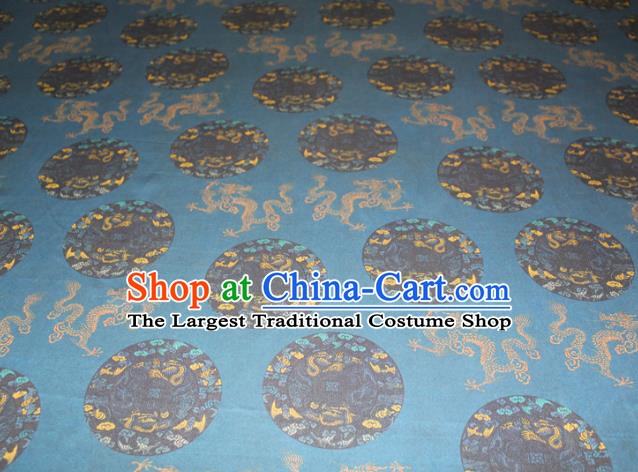 Chinese Classical Round Dragon Pattern Silk Drapery Traditional Gambiered Guangdong Gauze Cheongsam Blue Satin Fabric