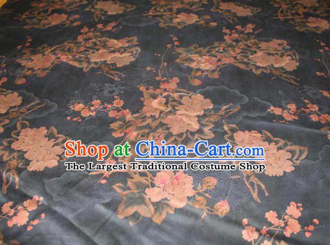 Chinese Classical Plum Peony Pattern Silk Drapery Traditional Gambiered Guangdong Gauze Cheongsam Black Satin Fabric