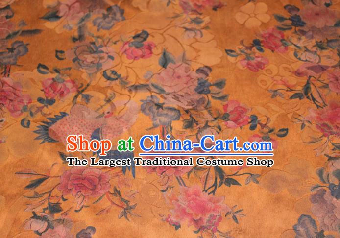 Chinese Classical Crane Peony Pattern Silk Drapery Traditional Gambiered Guangdong Gauze Cheongsam Yellow Satin Fabric