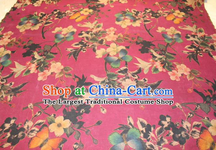 Chinese Classical Flowers Butterfly Pattern Silk Drapery Traditional Gambiered Guangdong Gauze Cheongsam Rosy Satin Fabric