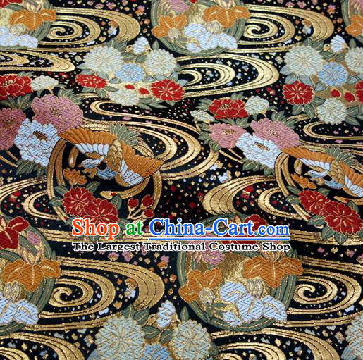 Asian Traditional Sakura Pattern Design Black Brocade Japanese Kimono Cloth Fabric Nishijin Tapestry Satin