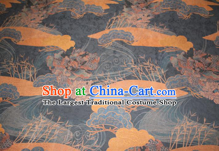 Chinese Cheongsam Navy Satin Fabric Traditional Gambiered Guangdong Gauze Classical Cloud Peony Pattern Silk Drapery