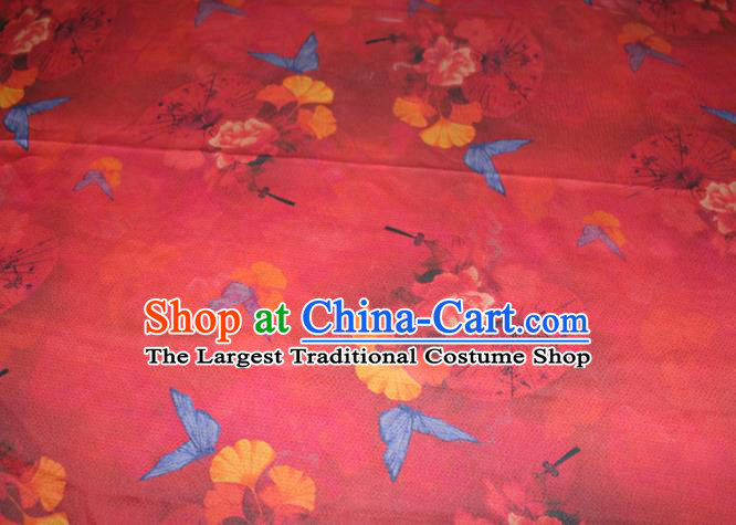 Chinese Traditional Red Gambiered Guangdong Gauze Cheongsam Satin Fabric Classical Ginkgo Leaf Butterfly Pattern Silk Drapery