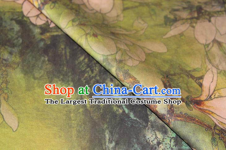 Chinese Cheongsam Green Satin Fabric Traditional Ginger Gambiered Guangdong Gauze Classical Mangnolia Pattern Silk Drapery