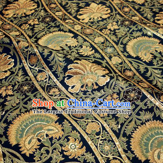 Asian Japanese Nishijin Tapestry Satin Traditional Flowers Pattern Design Navy Brocade Kimono Fabric