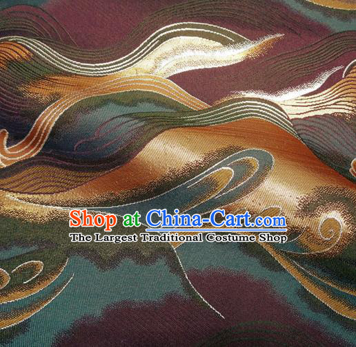 Asian Purple Cloth Fabric Traditional Wave Pattern Design Brocade Japanese Kimono Nishijin Tapestry Satin