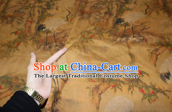 Chinese Classical Crane Peach Pattern Silk Drapery Yellow Silk Fabric Traditional Cheongsam Gambiered Guangdong Gauze