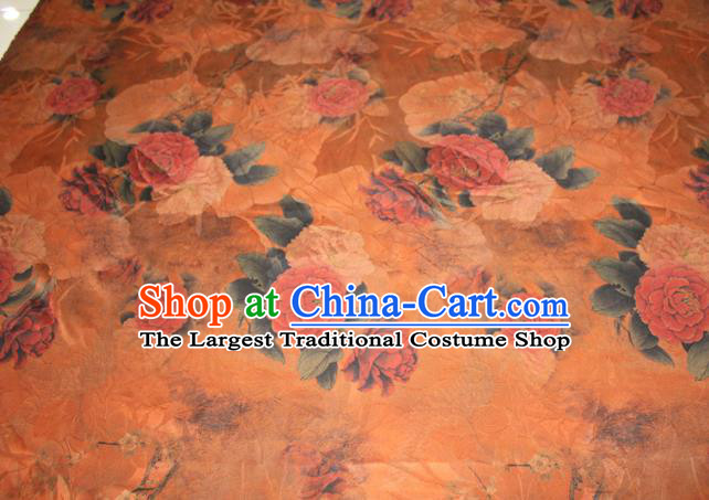 Chinese Traditional Cheongsam Gambiered Guangdong Gauze Silk Fabric Classical Peony Pattern Orange Silk Drapery