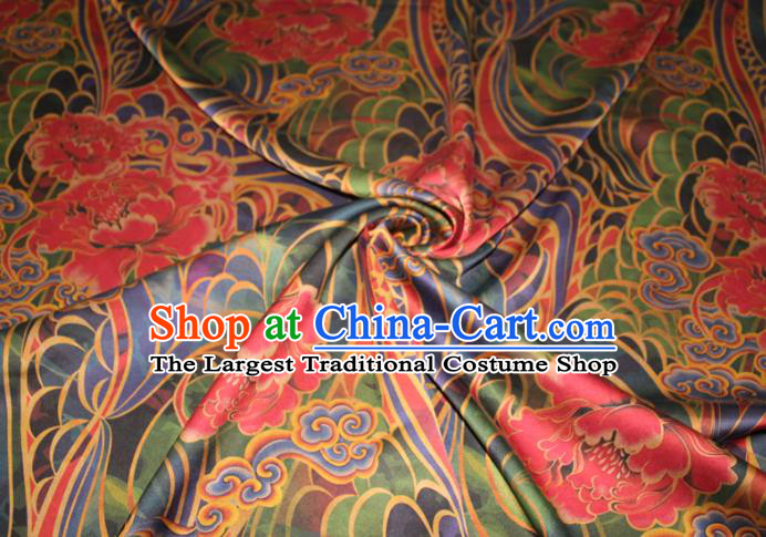 Chinese Traditional Satin Fabric Cheongsam Gambiered Guangdong Gauze Classical Flowers Pattern Green Silk Drapery