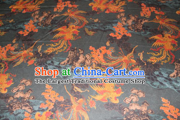 Chinese Traditional Dark Green Gambiered Guangdong Gauze Cheongsam Satin Fabric Classical Phoenix Pattern Silk Drapery