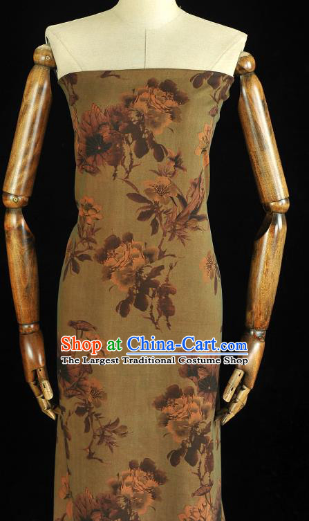 Chinese Classical Flowers Pattern Silk Drapery Traditional Cheongsam Olive Green Silk Fabric Gambiered Guangdong Gauze