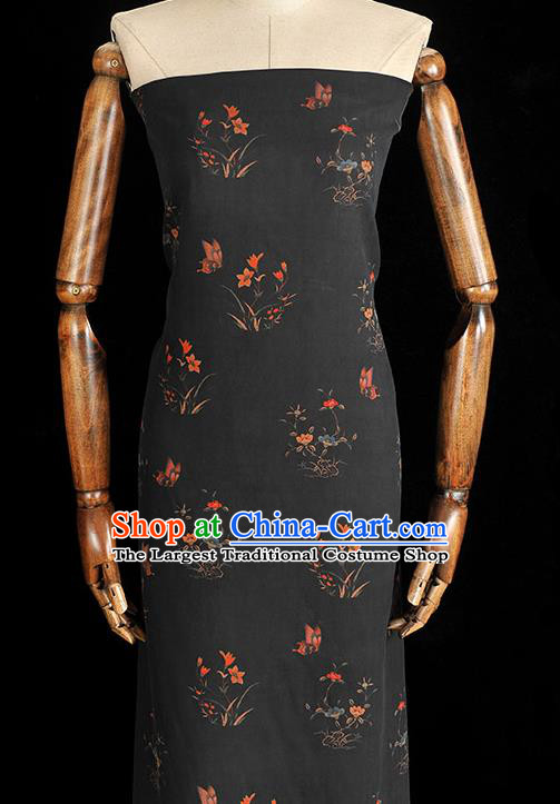 Chinese Black Gambiered Guangdong Gauze Traditional Cheongsam Silk Fabric Classical Orchids Pattern Silk Drapery