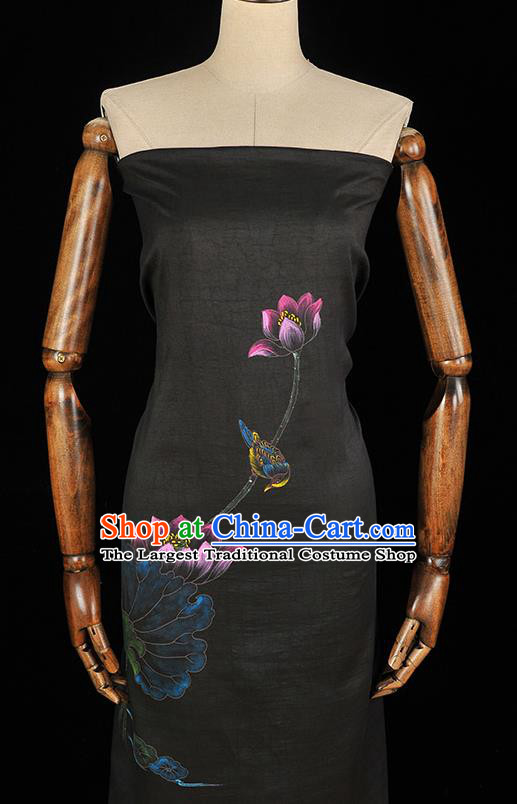 China Classical Printing Lotus Pattern Silk Fabric Traditional Black Jacquard Satin Cheongsam Cloth