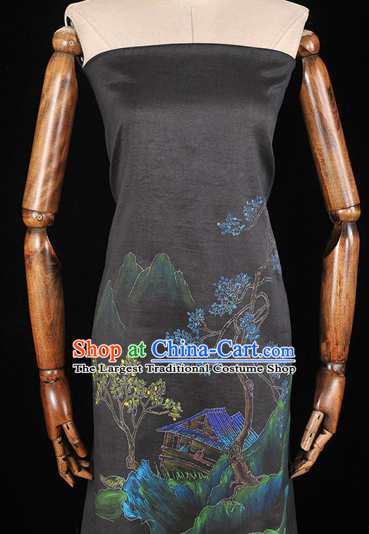 China Classical Printing Pavilion Pattern Silk Fabric Traditional Cheongsam Cloth Black Jacquard Satin