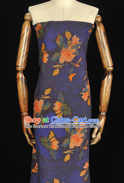 Chinese Cheongsam Blue Cloth Fabric Traditional Classical Peony Pattern Gambiered Guangdong Gauze Silk Drapery